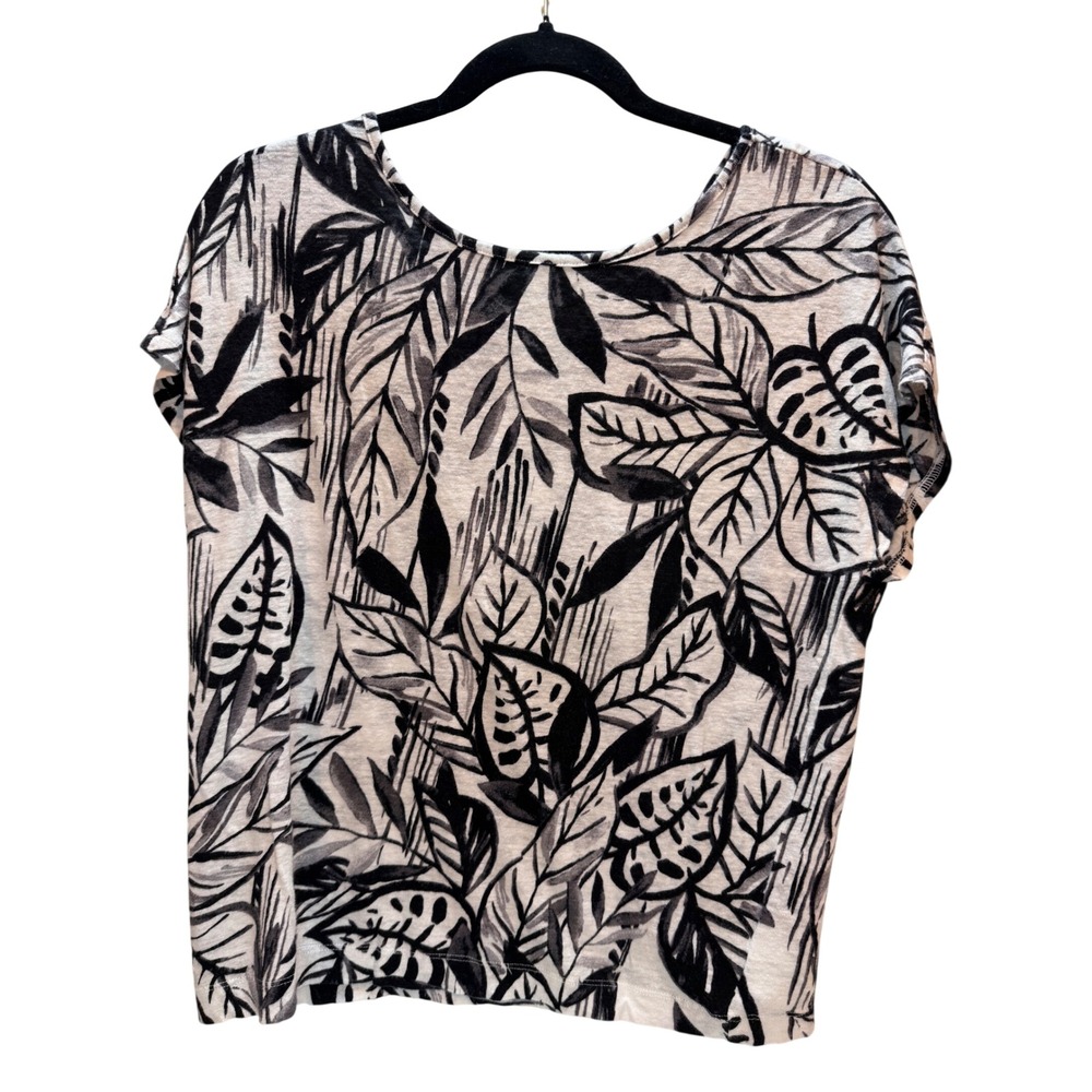 Tahari 100% Linen Top Women Large White Black Leaf Print Tropical Nature Neutral